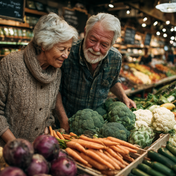 Senior fericit la masa cu mâncare sănătoasă